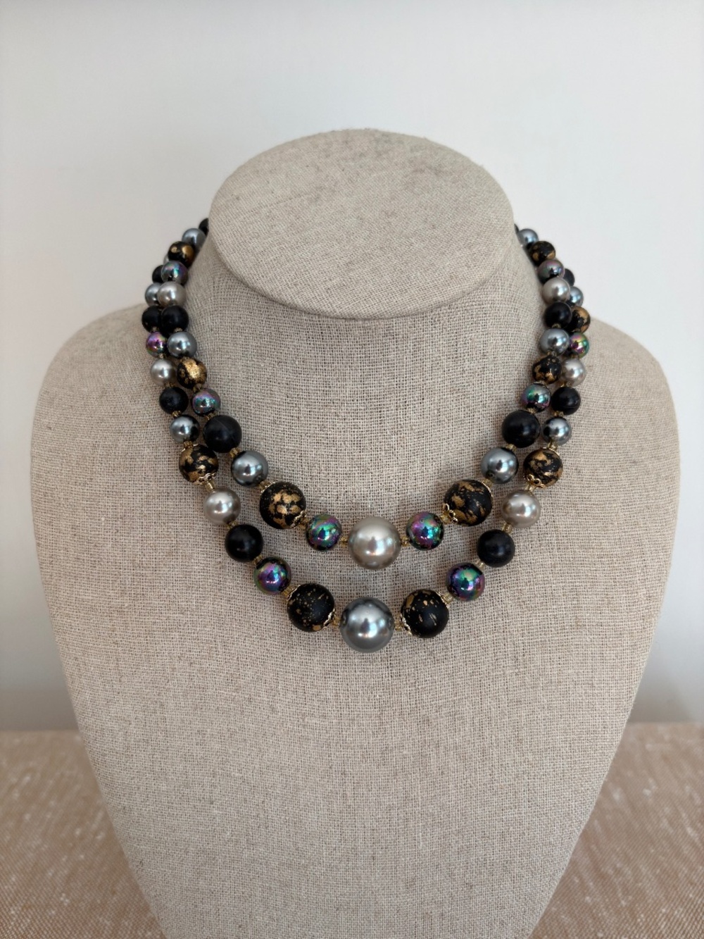 Vintage 50s Signed Japan Multi Strand Faux Pearl Iridescent Adjustable Necklace